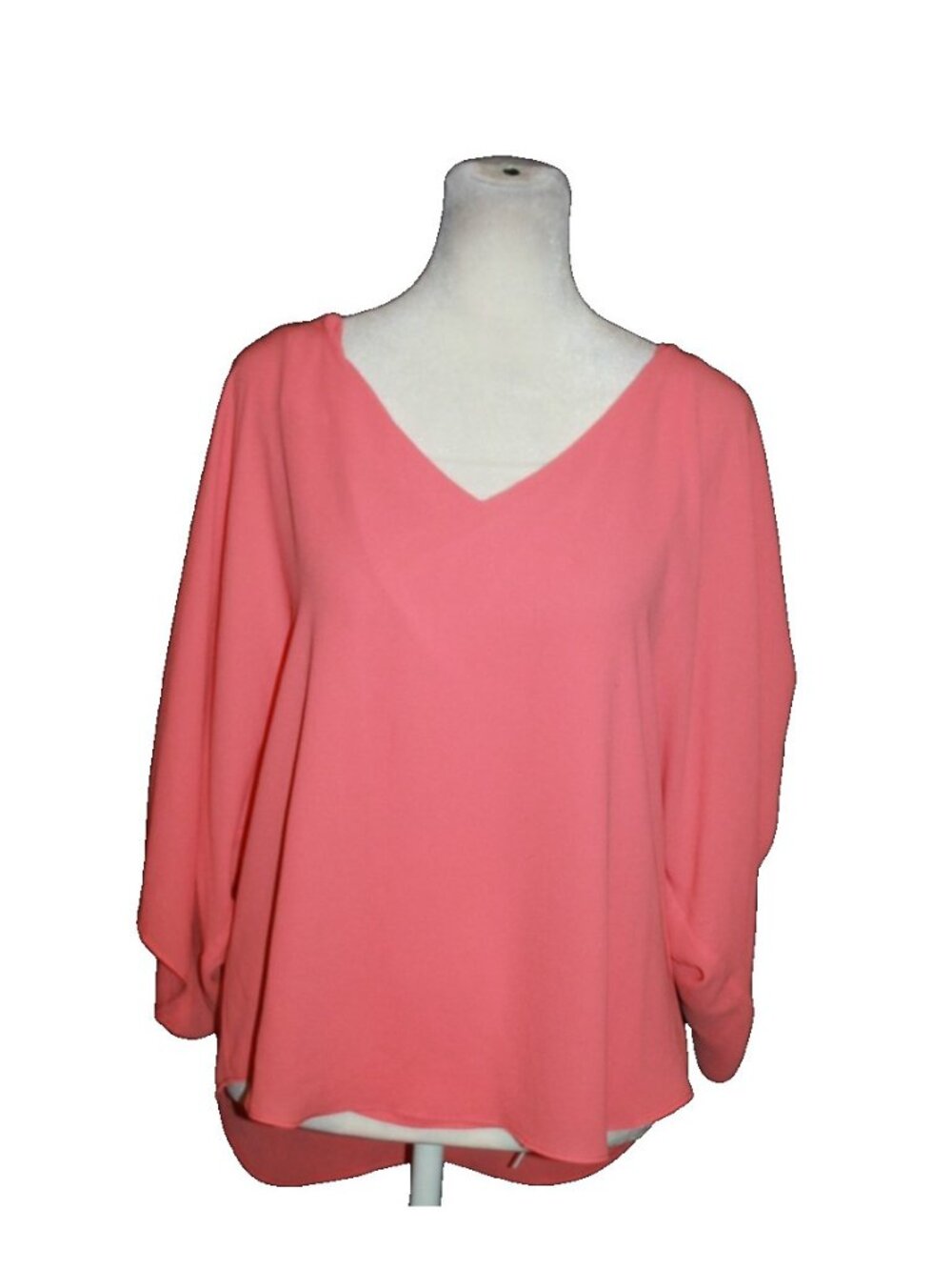 White House Black Market Women's Blouse Coral Top Roll Tab Sleeves V-Neck Size S